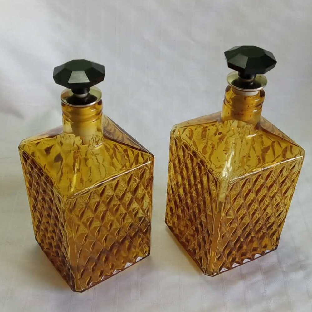 Two Mid-Century Modern Imperial Glass amber bottles DIAMOND POINT c.1960 - 70
